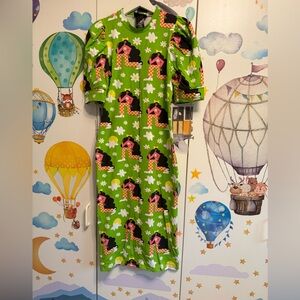 Nooworks Vibrant Green Midi Dress with Black and Pink Design